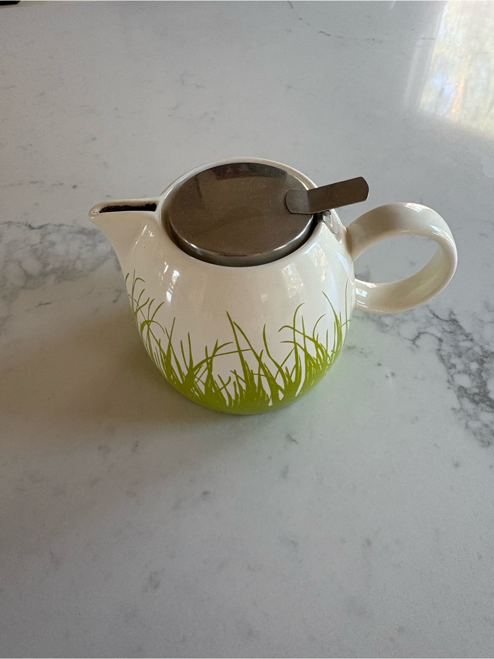 Ceramic Teapot with Green Grass Design and Stainless Lid